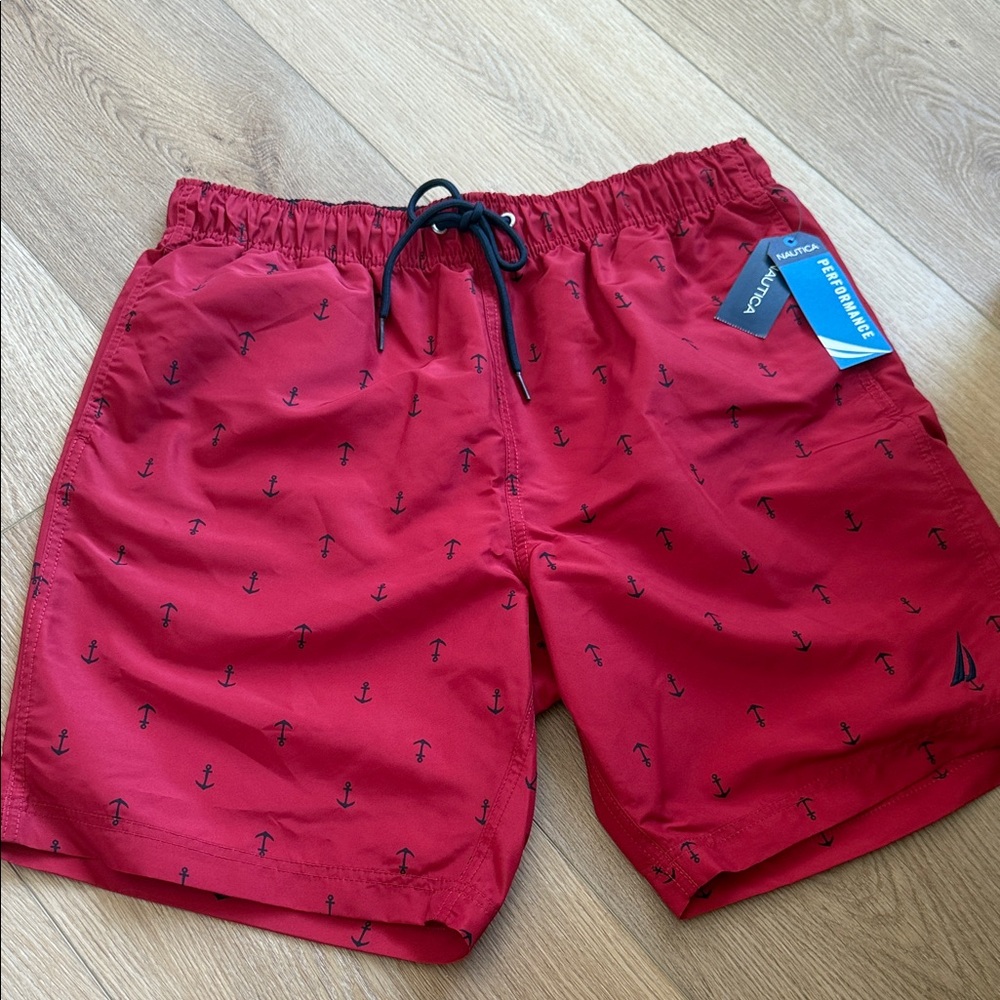 Nautica Red Swim Trunks with Anchor Pattern